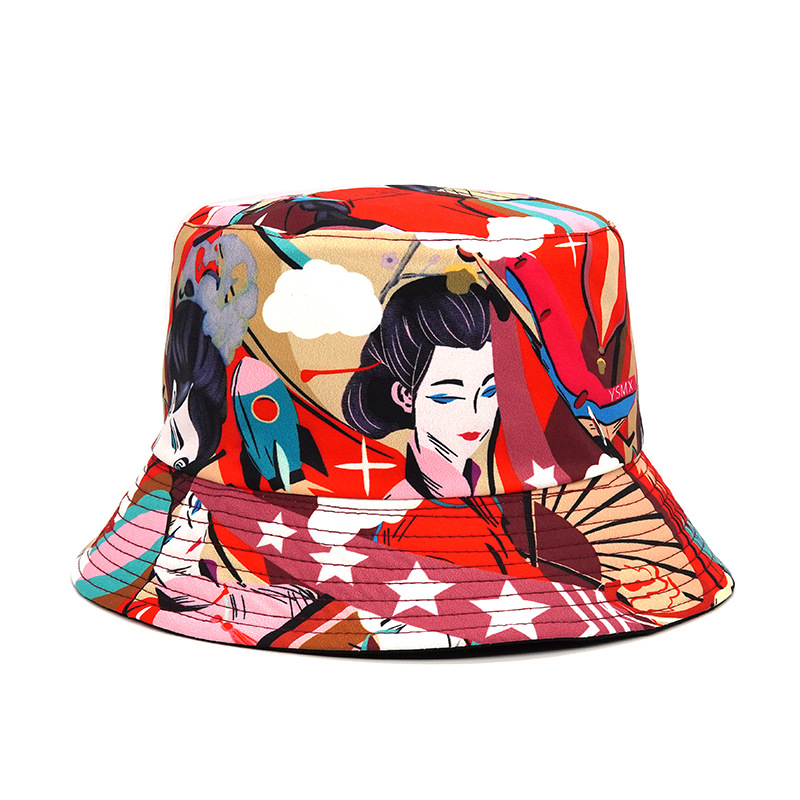 古风舞姬印花图案新渔夫帽女春夏新款遮阳帽子潮户外休闲出游装饰