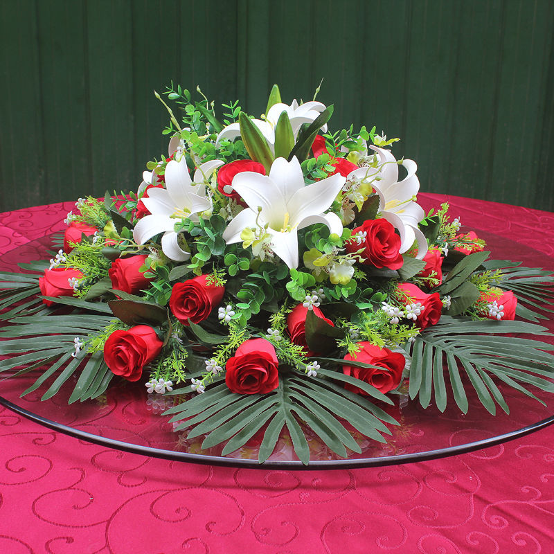 新中式转盘桌花酒店圆桌仿真花餐桌圆形大摆装饰摆件台宴会假花仿