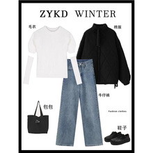 2022冬季新款女学生韩版宽松洋气棉服毛衣牛仔裤三件套ins潮
