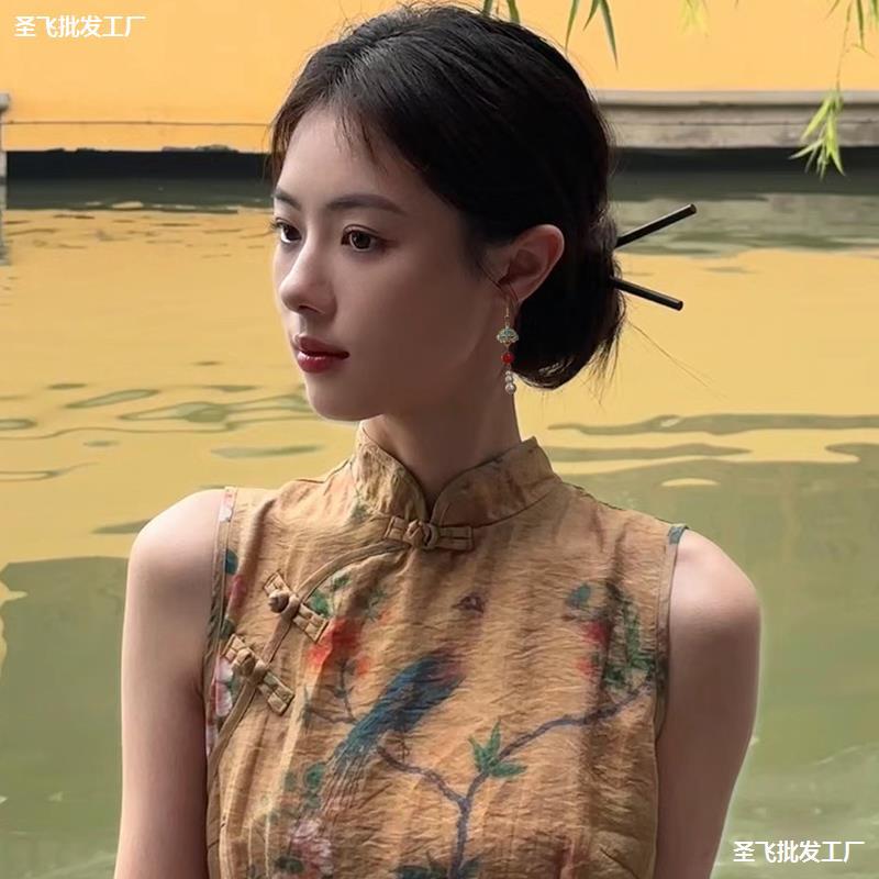 新中式珍珠长款耳环耳夹无耳洞女复古蓝耳坠旗袍汉服耳饰-阿里巴巴