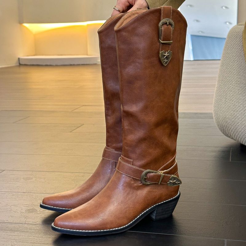 秋冬款尖头粗跟西部牛仔靴女显瘦马丁高筒靴-阿里巴巴
