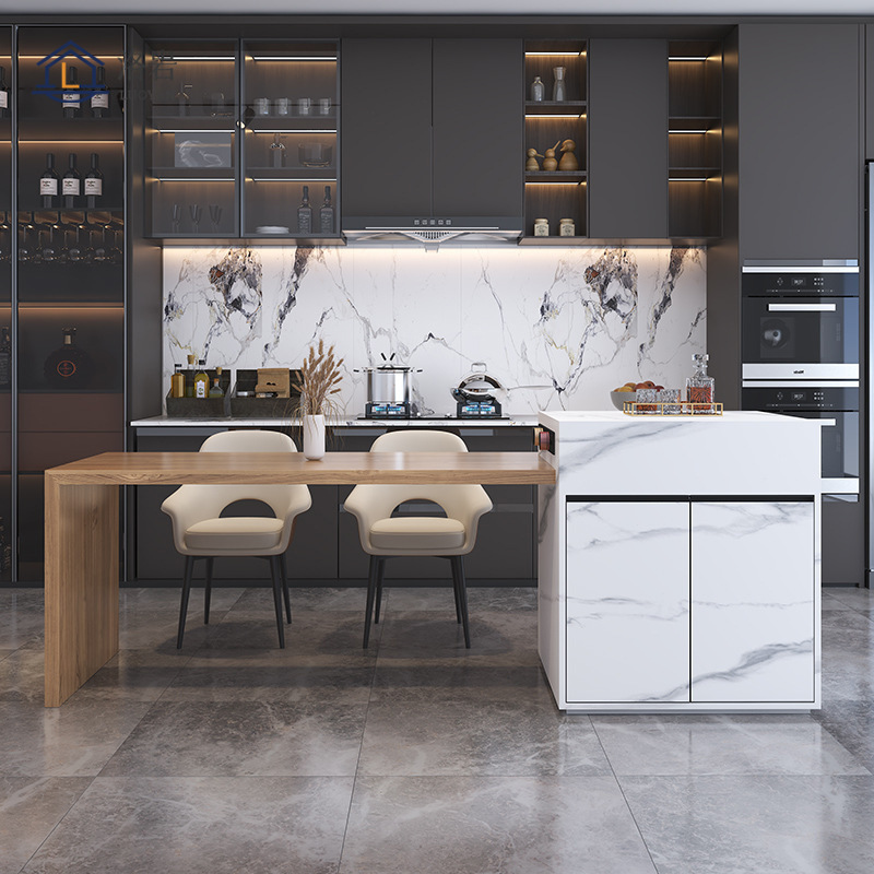 岛台餐桌一体可伸缩倒台岩板家用中岛台现代简约多功能储物料吧台