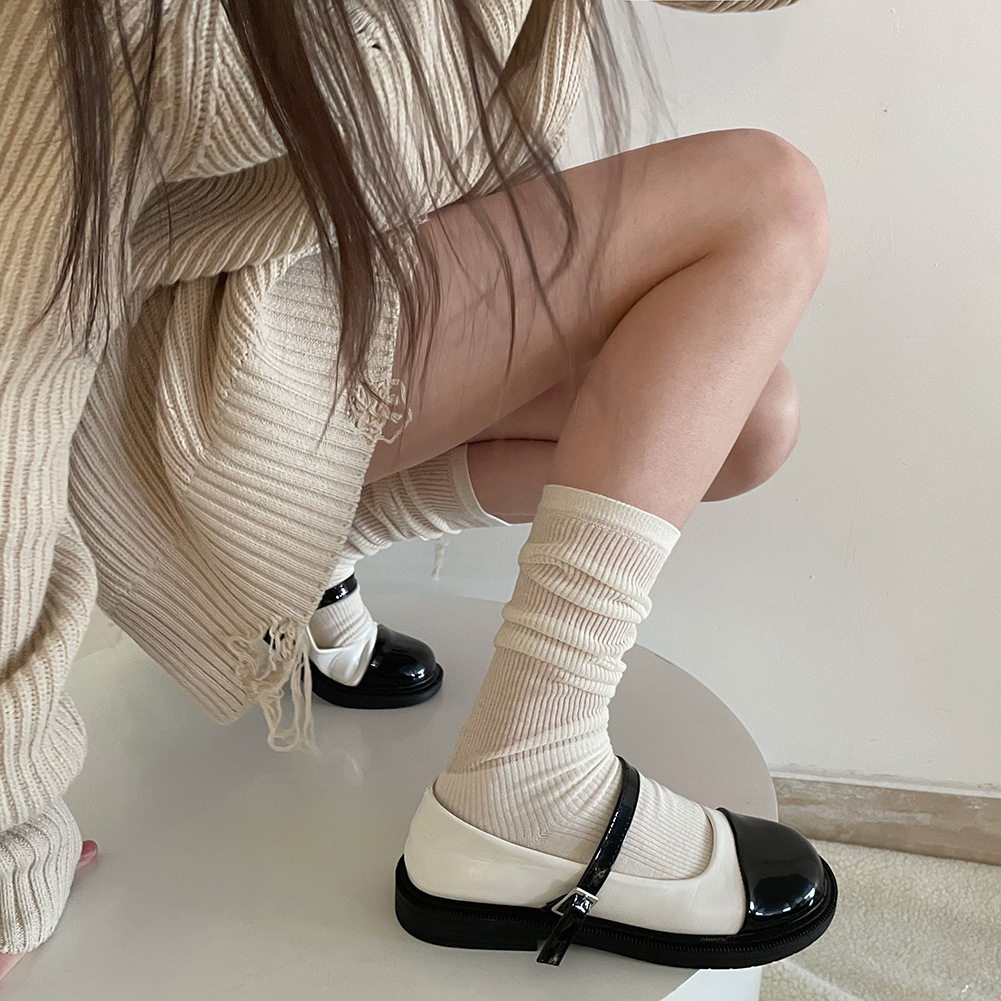 Spring and Summer Patchwork Knitting Bunching Socks Women's Milky White Miu Style Ins Trendy Socks Model Style Thin Transparent Calf Socks