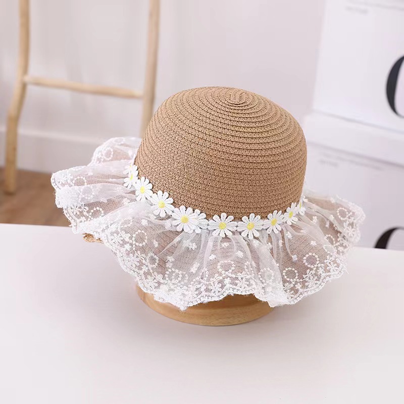 Girls' Hat Summer New Children's Little Daisy Lace Straw Hat Thin Type Sunscreen Beach Uv Protection Sun Hat