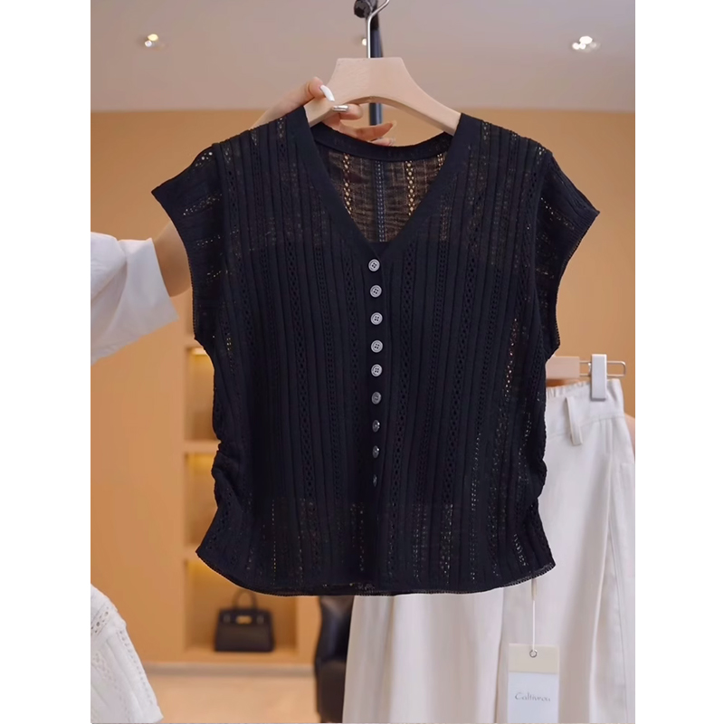 黑色冰丝开衫针织短袖t恤女士夏季2024薄款时尚欧货无袖亚麻上衣