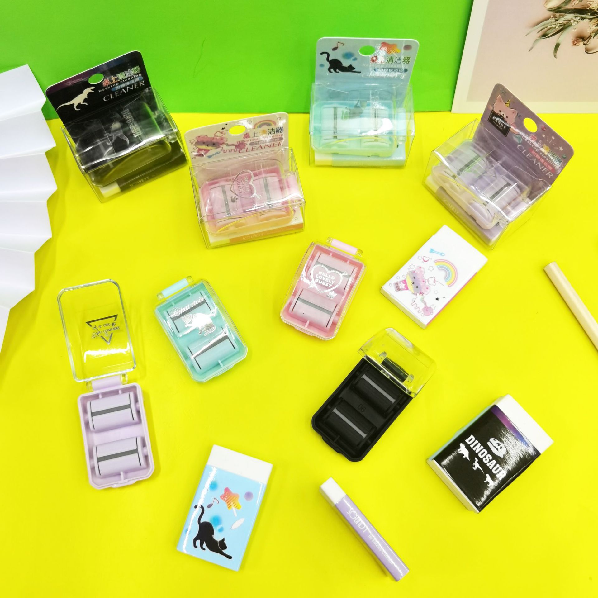 新代创意学生文具马卡龙色滚轮收集橡皮擦屑塑料清洁器橡皮擦套装