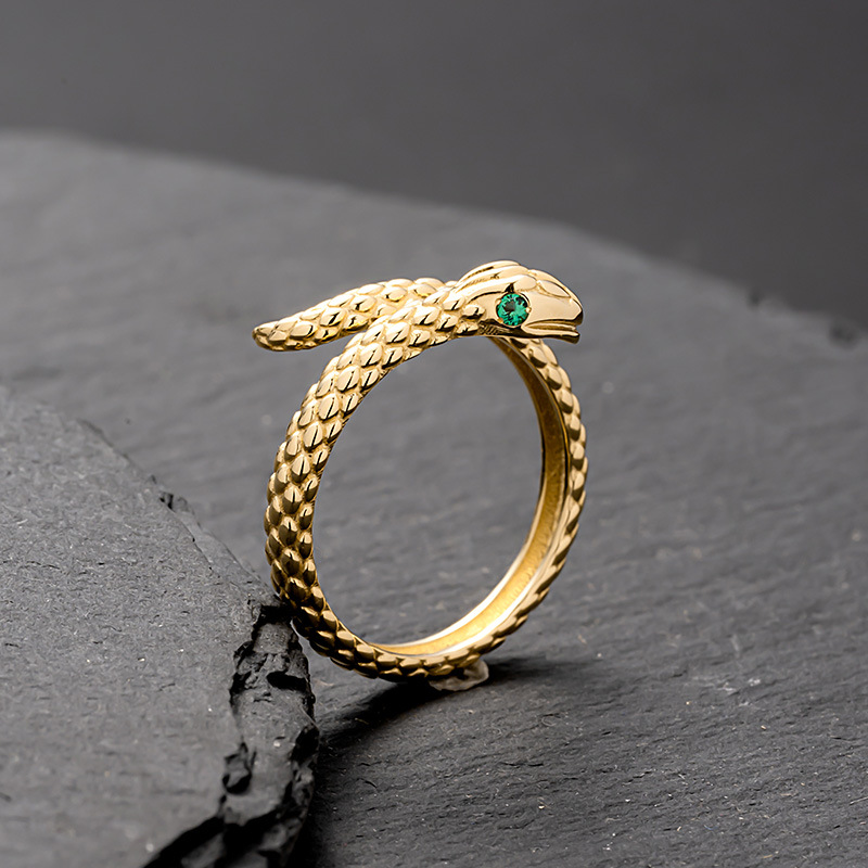 纯18k金14k金戒指轻奢缠绕蛇形天然沙弗莱指环黄金珠宝首饰 30847