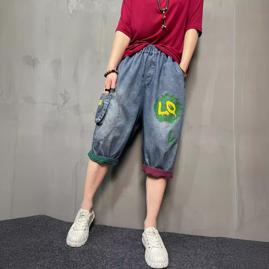 个性撞色字母印花五分牛仔裤女士夏季薄款宽松显瘦翻边六分哈伦裤