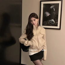 美式复古麂皮绒短款机车夹克外套女春秋韩系休闲百搭上