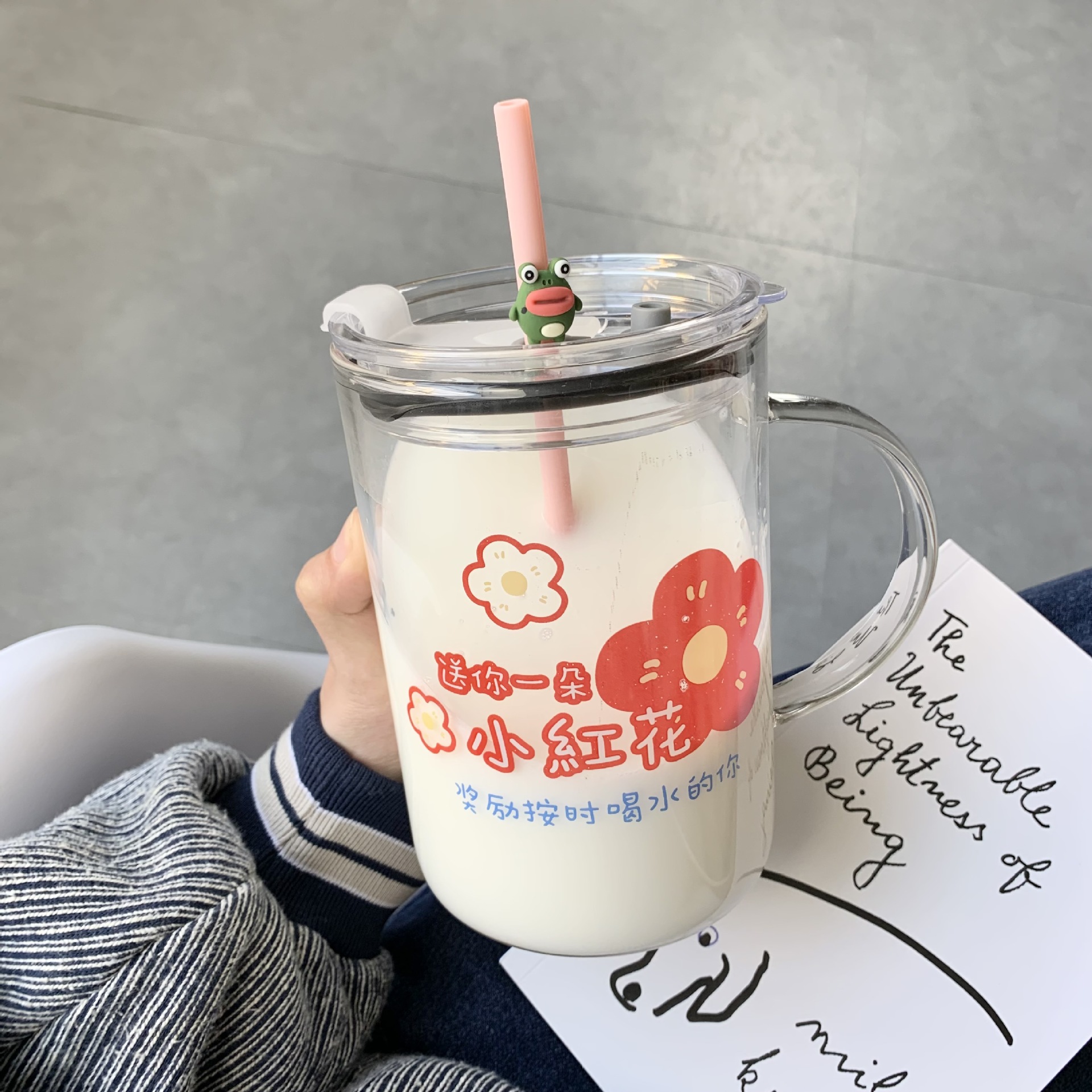 Large Capacity Glass Cup with Straw 1000ml Drinking Cup Children's Cute Office with Lid Dustproof Cup