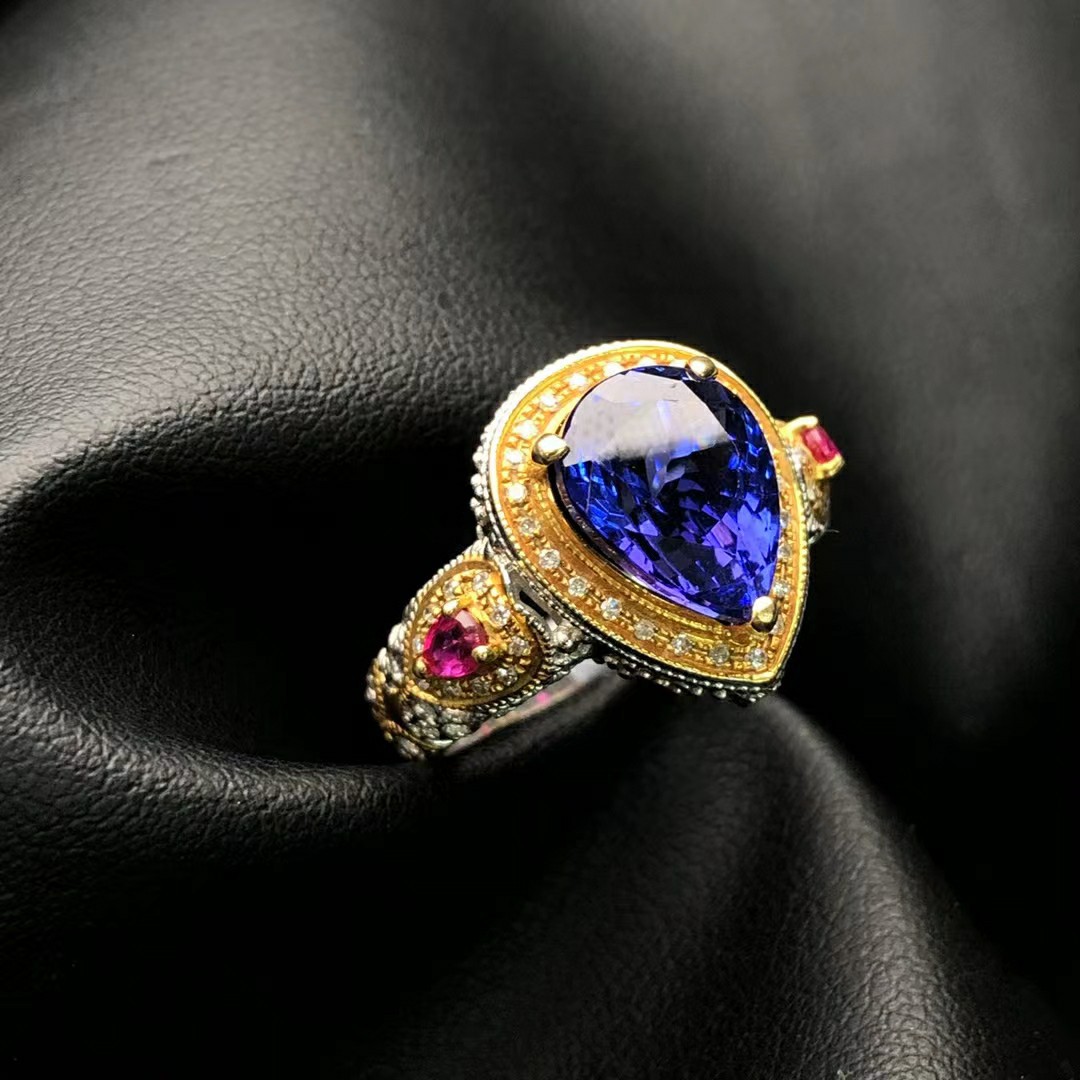 5a级坦桑石宫廷戒指18k镶嵌钻石红宝石可调节活口送朋友a