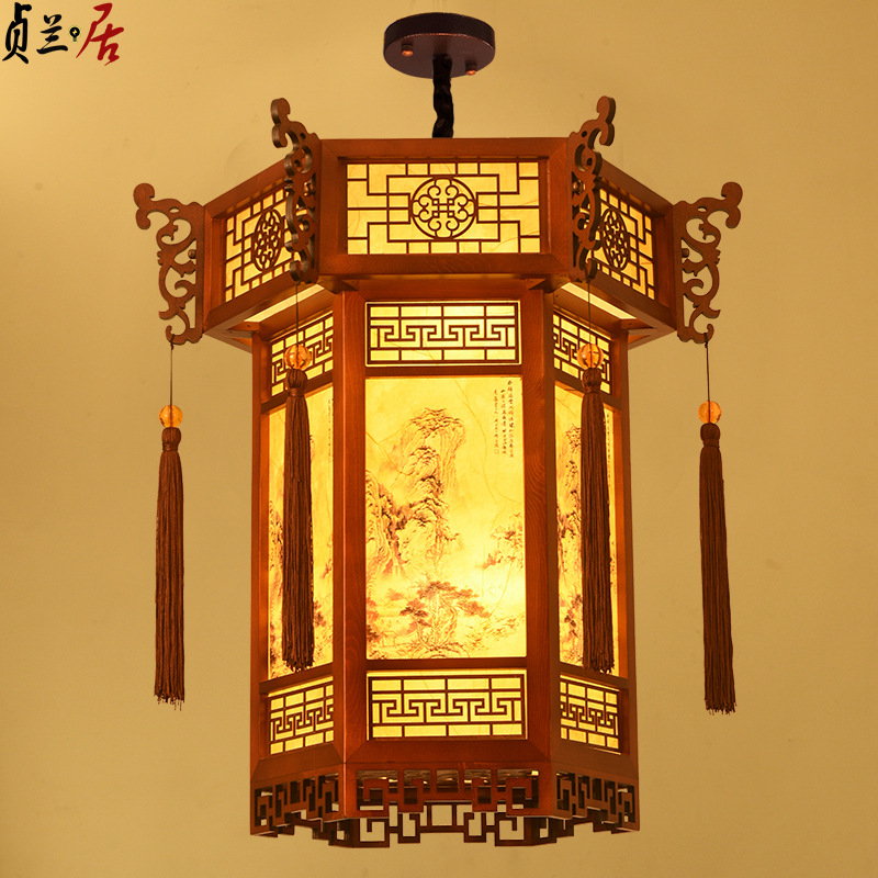 中式仿古实木宫灯复古寺庙祠堂长廊凉亭古风建筑六角灯笼宫廷吊灯