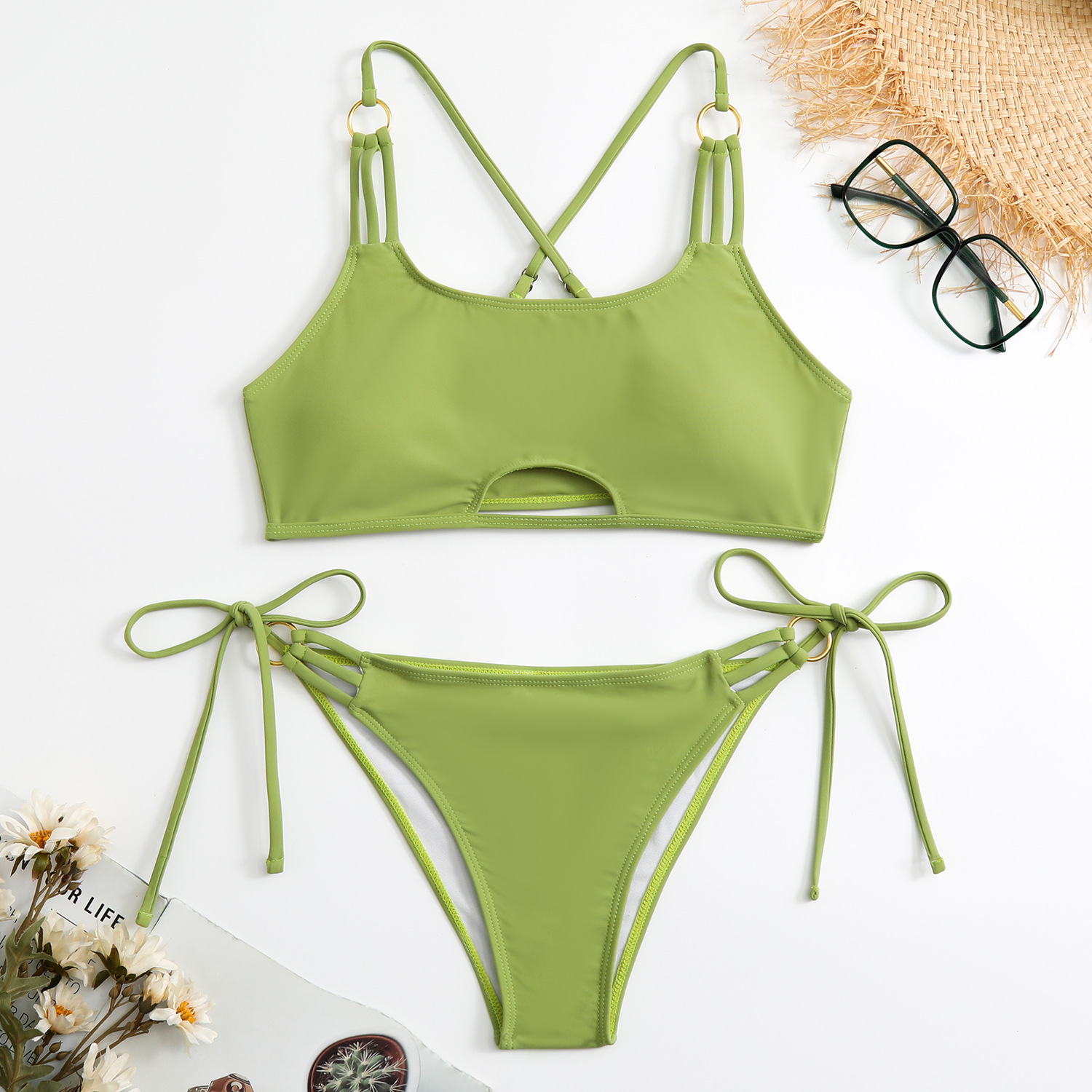 锦纶素色分体吊带女士性感三角比基尼 速卖通亚马逊新款多色泳衣