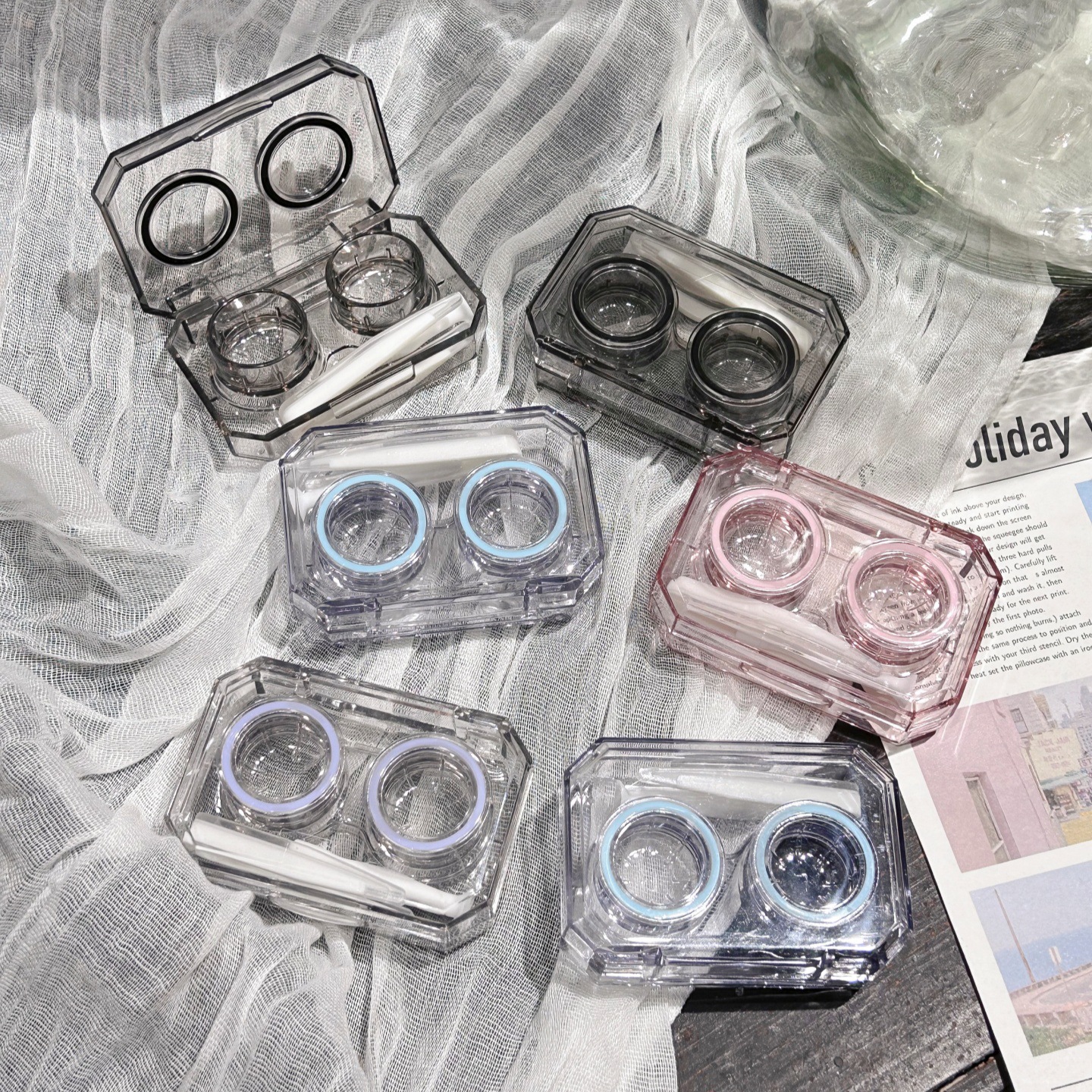 ins隐形眼镜盒便携透明迷你简约一体伴侣盒美瞳双联盒无需拧盖B83