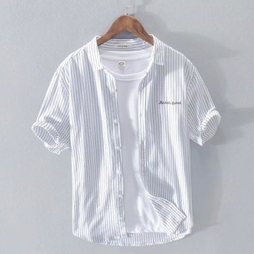 日系条纹刺绣短袖衬衫男士夏季休闲青年小清新文艺范宽松半袖衬衣