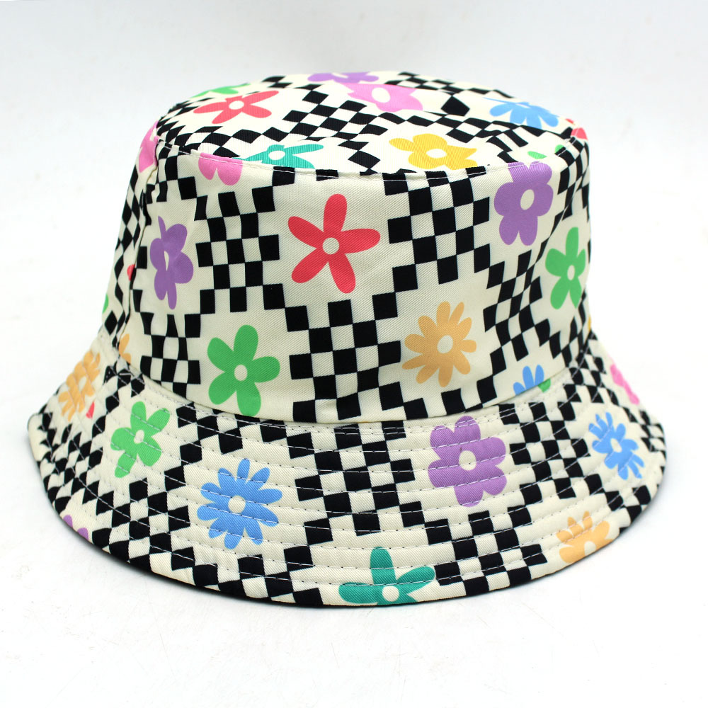 Cross-Border Hot Selling New Plaid Flower Print Reversible Fisherman Hat Korean Fashion All-Match Sun Protection for Men and Women Cover Bucket Hat