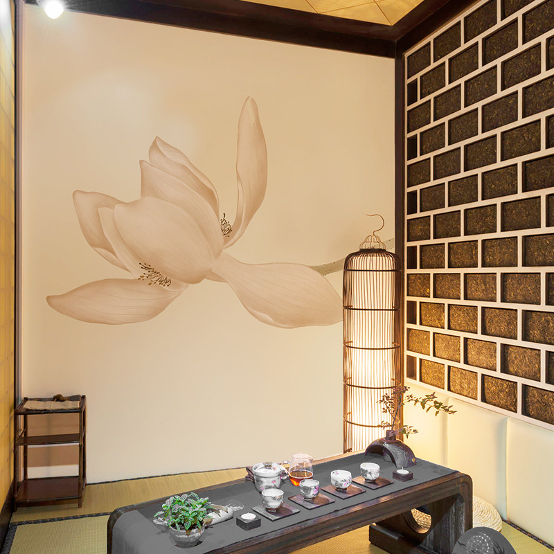 瑜伽房馆禅意佛系莲花墙面装饰背景墙壁画养生馆舞蹈教室壁纸荷花