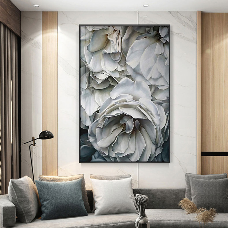 现代简约玄关装饰画走廊餐厅唯美艺术油画白色玫瑰花客厅酒店墙画