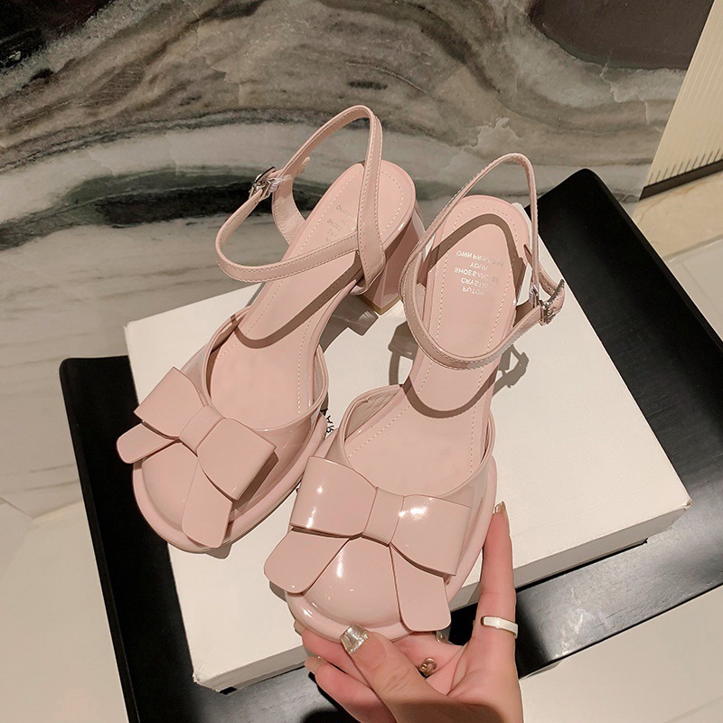 2023新款少女粉色时尚高跟玛丽珍鞋子法式蝴蝶结粗跟包头凉鞋女夏