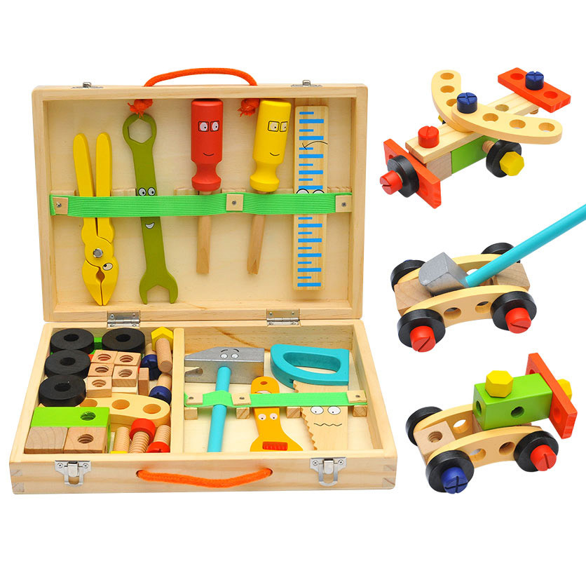 Children's Wooden Simulation Cartoon Toolbox Kindergarten Play House Electric Drill Portable Repair Assembly Disassembly Toy