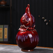 陶瓷葫芦花瓶客厅插花郎红钧瓷窑变双耳复古中式装饰博古架摆件