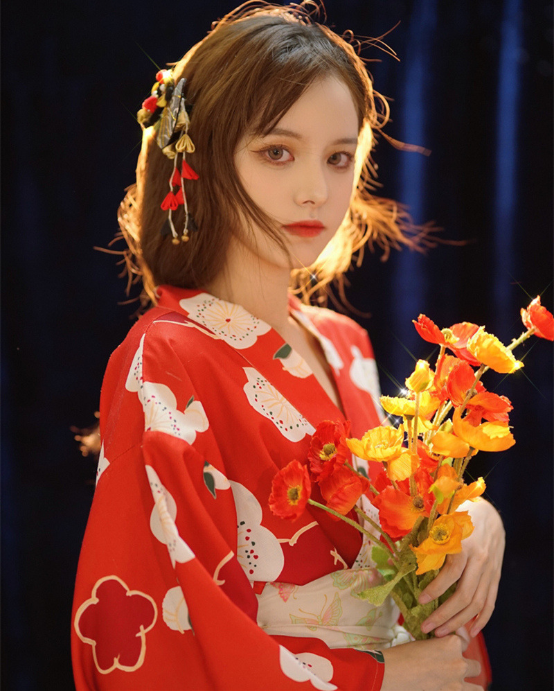 神明少女cos和服影楼写真拍照服日式红色樱花加厚材质日本和服