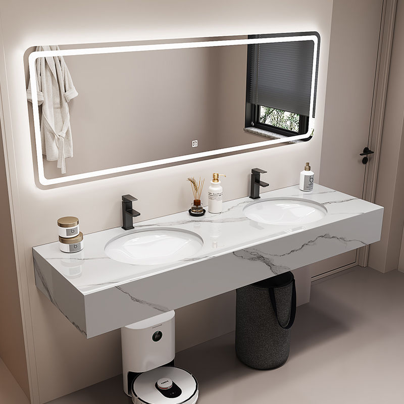 轻奢大理石洗漱台双盆浴室柜组合公共卫生间大尺寸洗脸台盆卫浴柜-阿