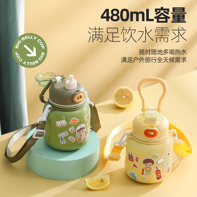 316 Stainless Steel DIY Children's Thermos Mug Portable Outdoor Bounce Cup with Straw Double-Layer Vacuum Cartoon Insulation Pot
