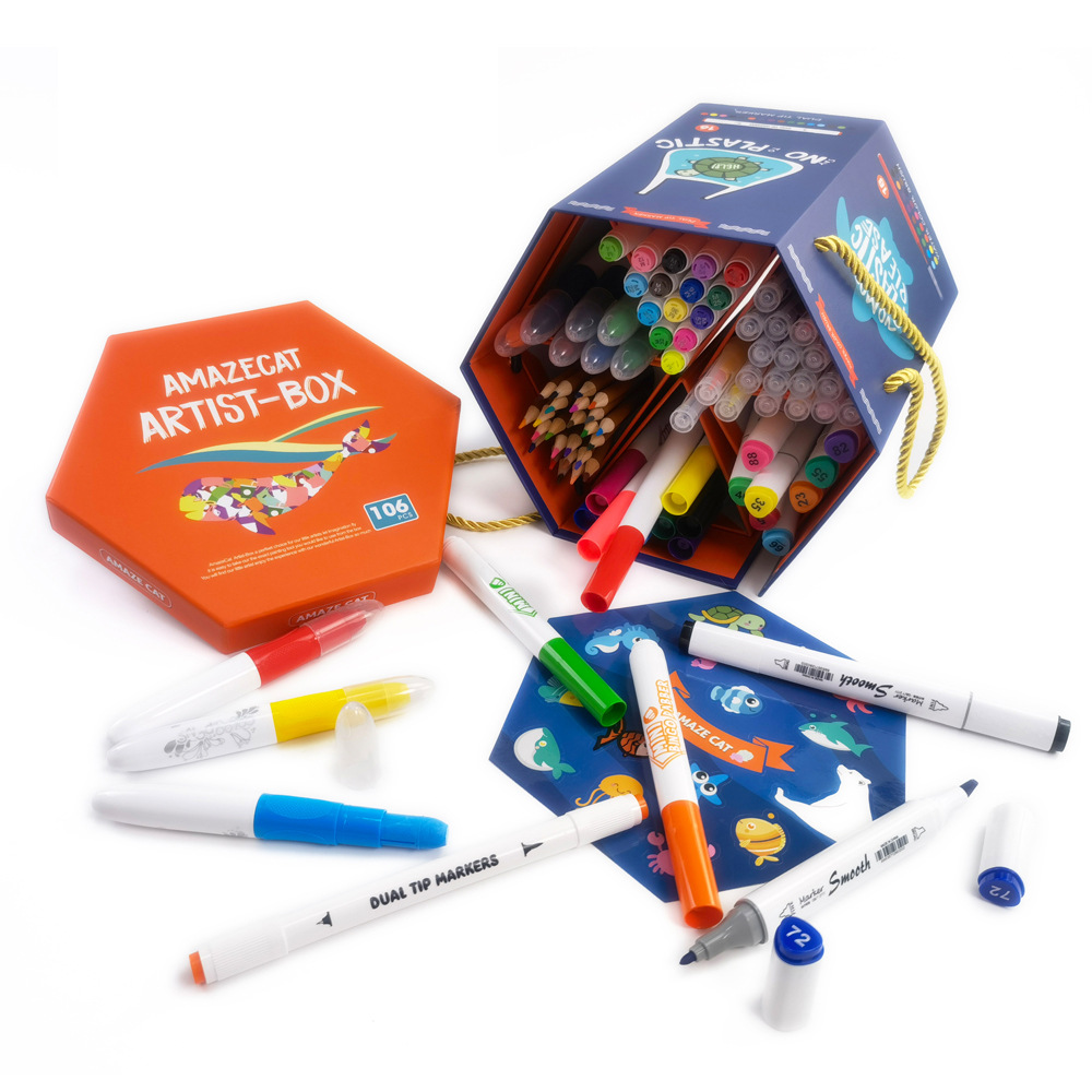 Brush 106 Pieces Three-Dimensional Paper Box Painting Kit Marker Pen Stationery Children Primary School Student Kindergarten Gifts Set