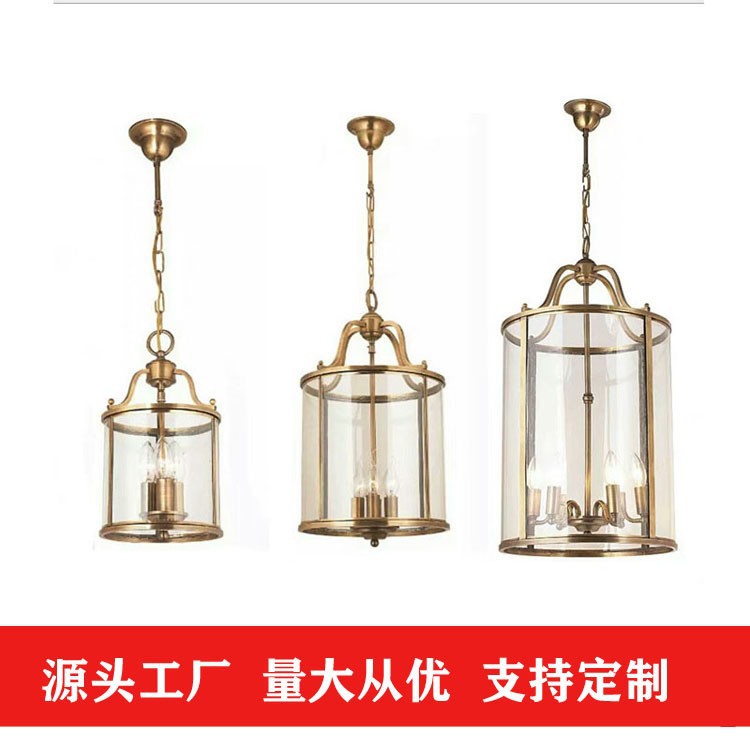 Cross-Border American Copper Chandelier Entrance Door Restaurant Simple Stair Bar Metal Solder Cylinder Glass Lamps