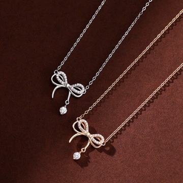 s999足银灵动蝴蝶结项链女镶钻轻奢小众设计锁骨链纯银项饰品批发