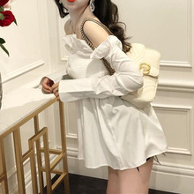 春秋季女装韩版时尚一字领露肩小心机性感长袖衬衫纯色雪纺衫上衣