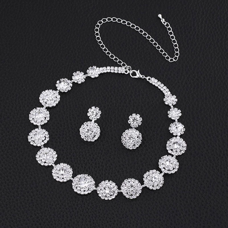 Bridal Jewelry Bright Full Diamond Geometric round Necklace Eardrops Shooting Jewelry Set Bridal Jewelry