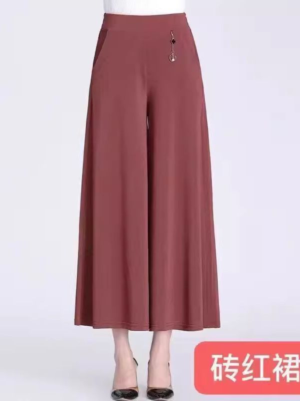 Mother's Wide-Leg Pants Summer Thin High Waist Middle-Aged and Elderly Culottes Wide-Leg Pants Middle-Aged Women's Pants Elastic Waist Casual Pants