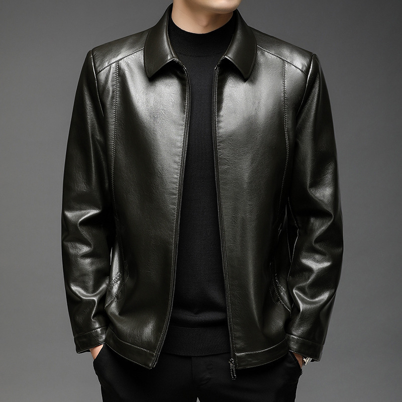 2021新款男装单翻领皮衣中年男士商务休闲拉链pu皮衣男装皮夹克