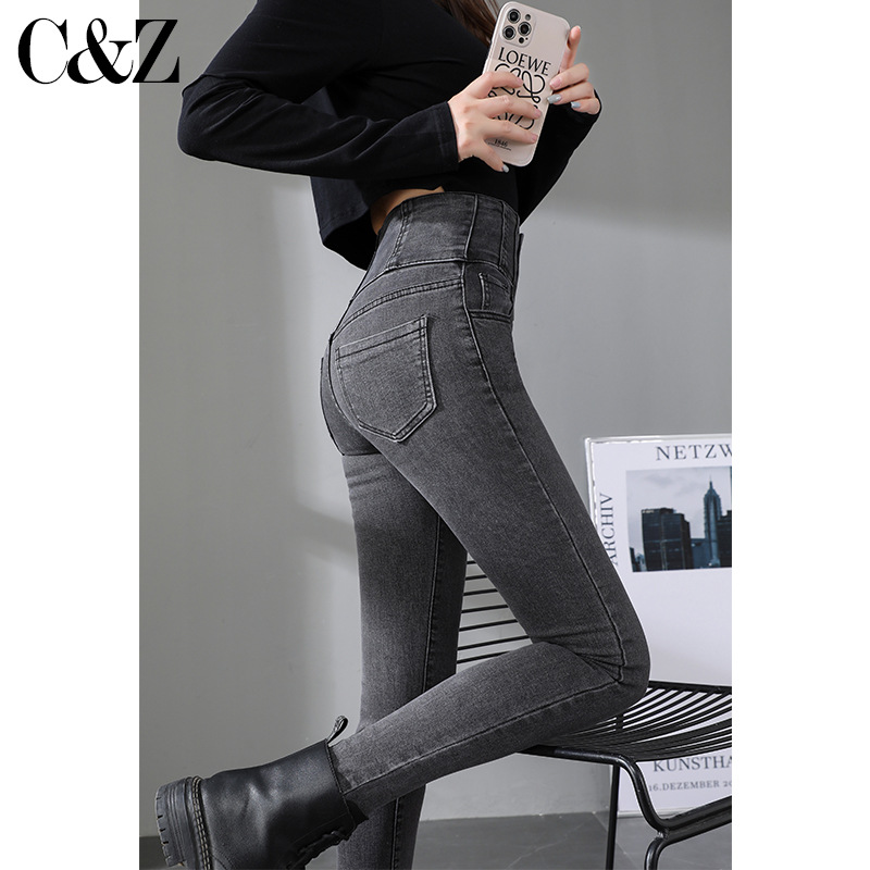烟灰色牛仔裤女2021秋新款高腰显瘦显高小脚裤弹力紧身韩版铅笔裤