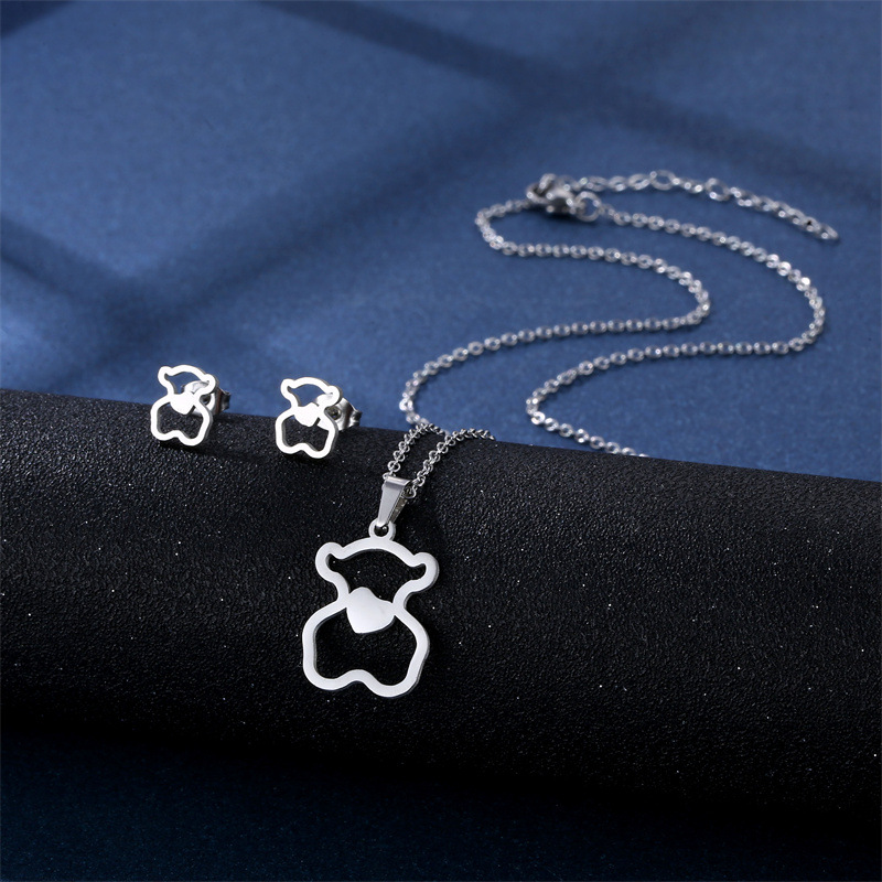 European and American Fashion Glossy Stainless Steel Women's Necklace Cross-Border New Cute Bear Pendant Necklace and Earring Suit