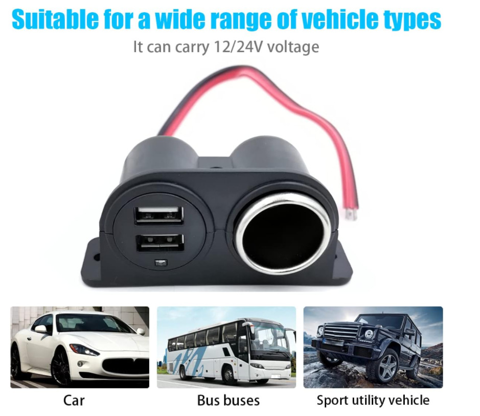 汽车点烟器插座 汽车摩托车双孔点烟器插座 3.1a车充 带线束-阿里巴巴