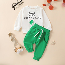 跨境婴幼儿中性男女婴童四叶草白色长袖上衣+绿色长裤套装