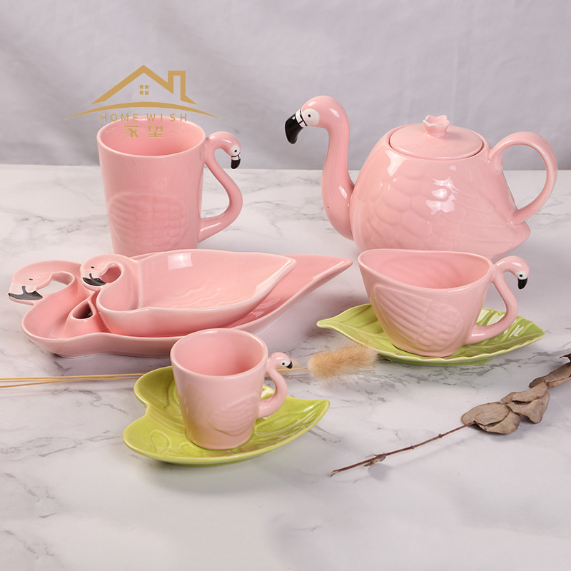 现货 新款创意火烈鸟系列陶瓷杯套装 欧式家用花茶咖啡杯水壶碟盘