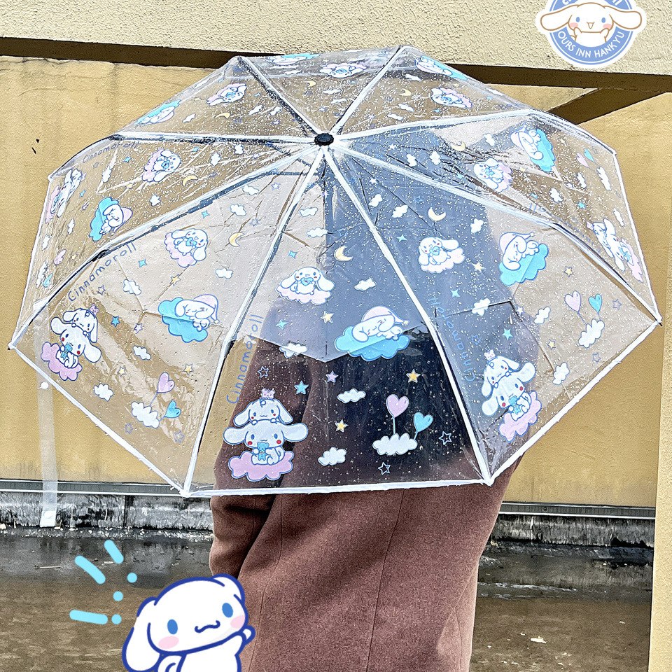 Tiktok Hot Sale Japanese Style Cinnamoroll Babycinnamoroll Transparent Umbrella Folding Automatic Thick and Portable Girl Heart Men's Mesh Red