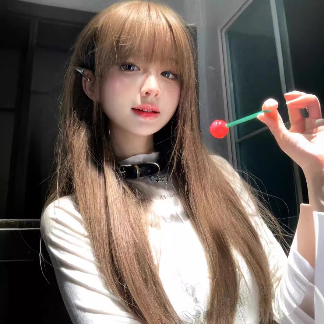 星程假发女长发蜜茶亚麻色圆脸仿真学生自然空气刘海长直发全头套