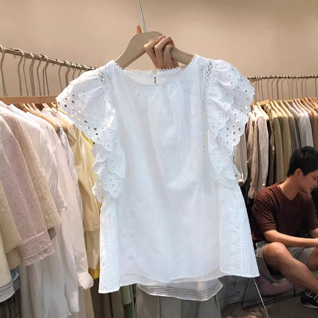 韩国东大门2024夏季新款宽松蕾丝花边镂空甜美飞飞袖衬衫女上衣潮