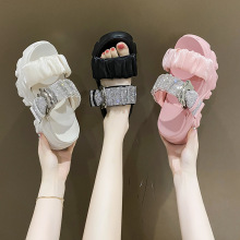 韩版厚底拖鞋女一字型水钻皮带扣圆头松糕底拖鞋女Women Slippers