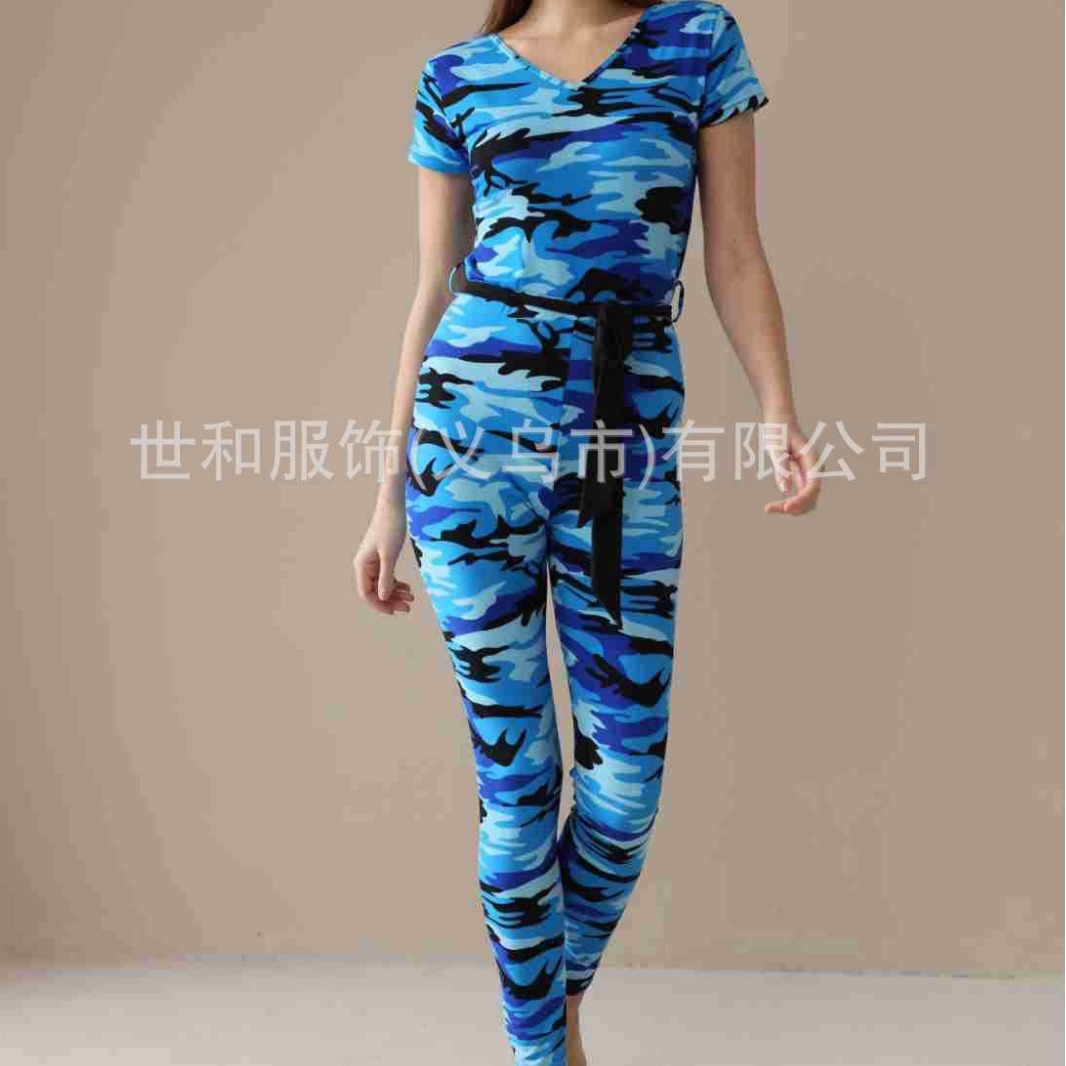 2024 Spring and Summer New Foreign Trade Women's Elastic Milk Silk Camouflage Short-Sleeved Trousers One-Piece Pajamas Pajamas