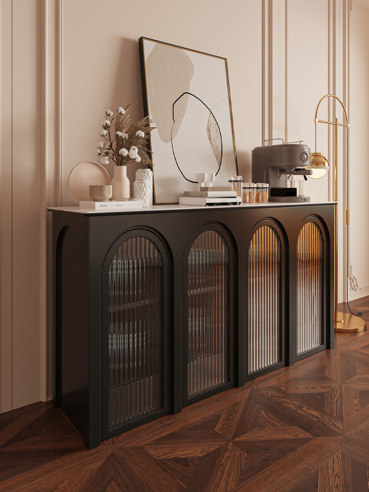 法式复古实木餐边柜小户型餐厅家用轻奢岩板备餐柜黑色阳台储物柜