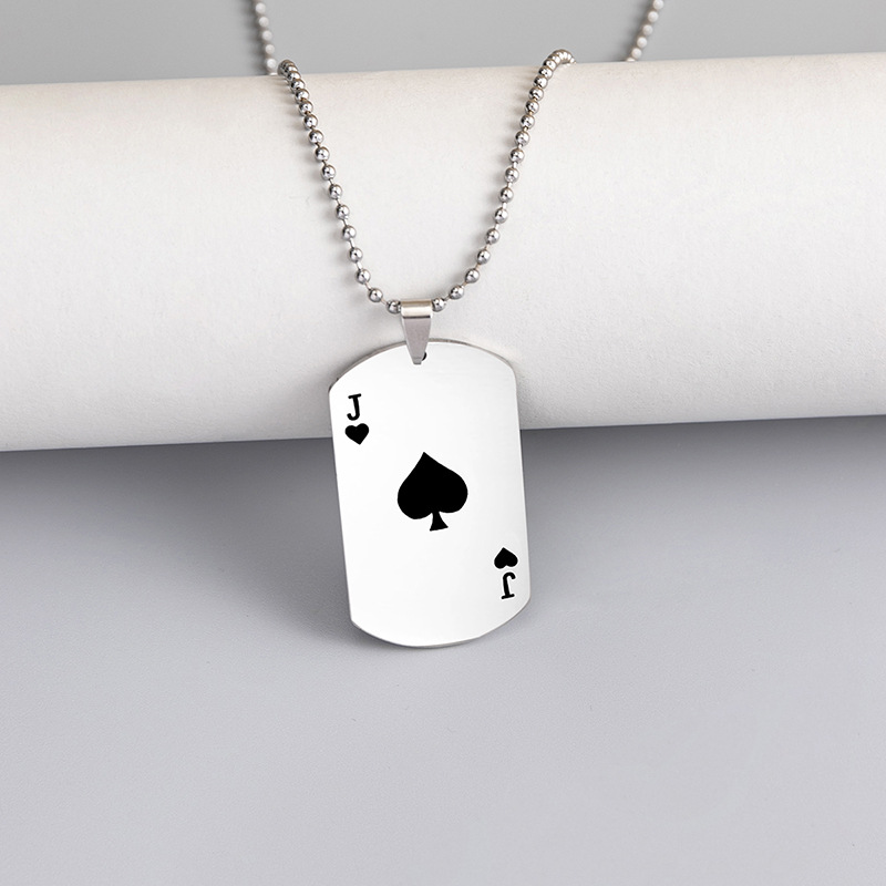 不锈钢圆珠链 创意扑克牌黑桃j爱心军牌吊坠 男款毛衣链首饰