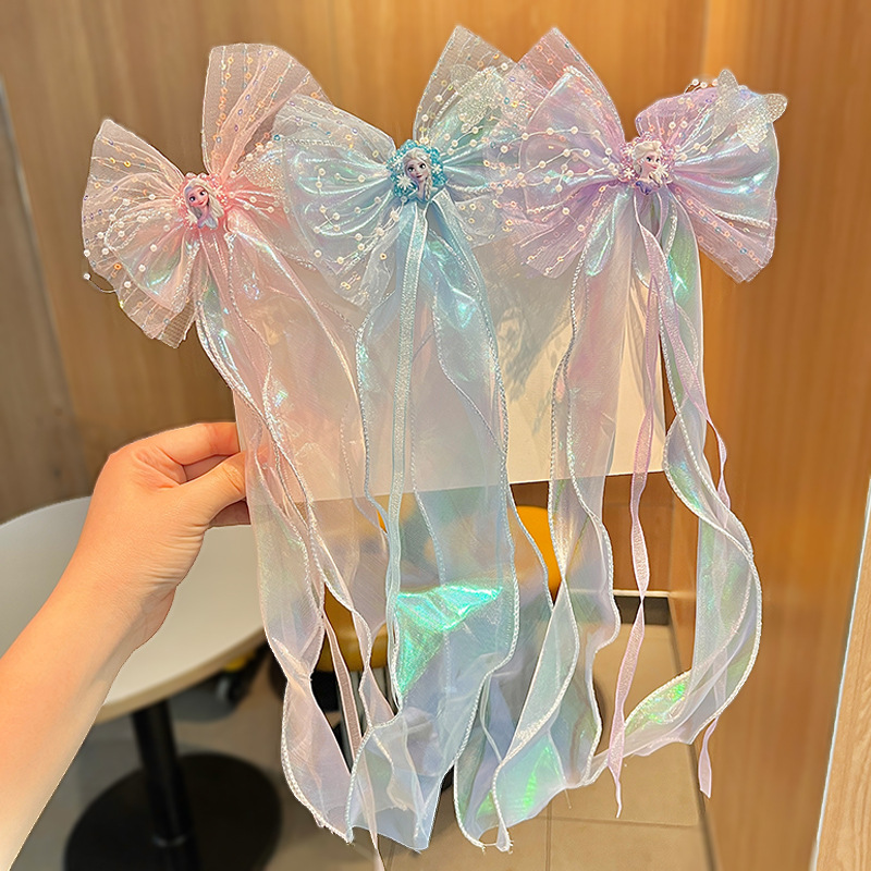 2024新品欧美风仙气发饰幻彩纱大蝴蝶结儿童飘带编发头饰品-阿里巴巴