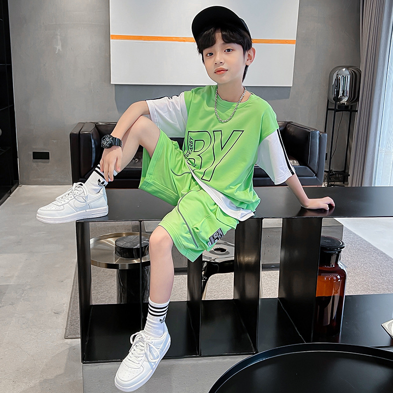 Children's Clothing Summer Suit Pure Cotton 2023 Summer New Medium and Big Children Boys' Short-Sleeved Shorts Suit Color Matching Fashion