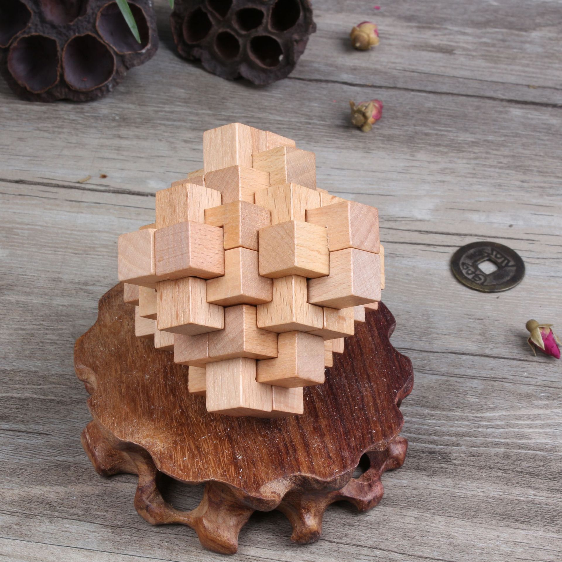 孔明锁鲁班锁 24锁 二十四原色儿童礼物榉木制拆装益智玩具智力锁